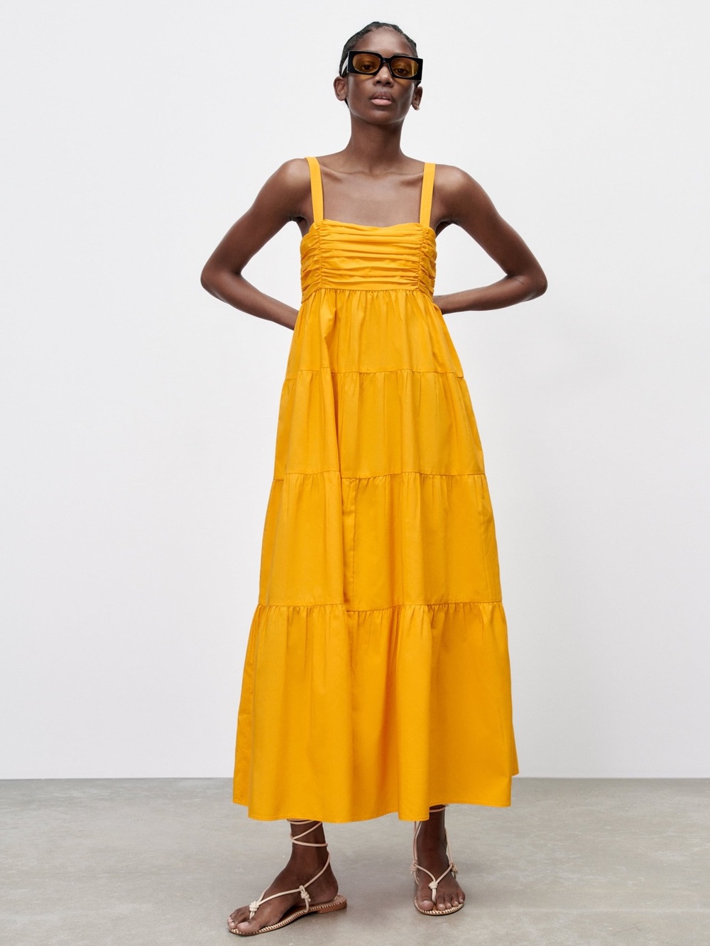 Zara Tiered Poplin Maxi Dress in Yellow, Size XS